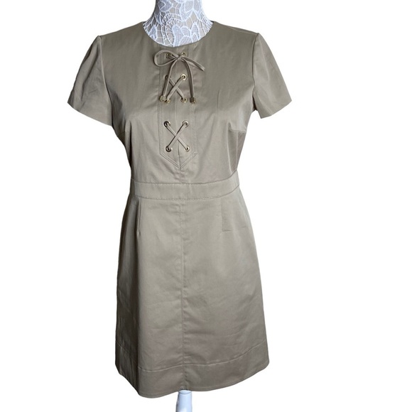 NWT PAULE KA Lace Up Short Sleeve Dress Beige size FR 42 US 12 (Large) - Picture 1 of 7